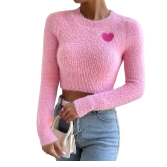 Women's Pink Sweater Heart Pattern Fuzzy Crop Sweater Size Medium - Picture 8 of 8